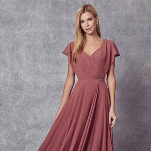 NEW FLOOR LENGTH A-LINE POLYESTER DRESS WITH V-NECK & CASCADE ZIPPER BACK JT 261